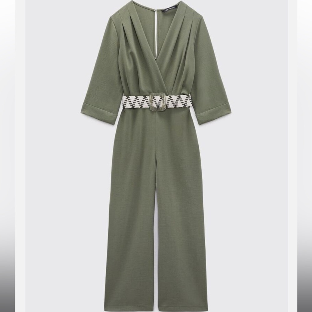 Zara Dark Green Khaki Belted Jumpsuit